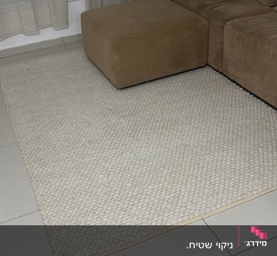 ספה חומה על שטיח בהיר בחדר מגורים